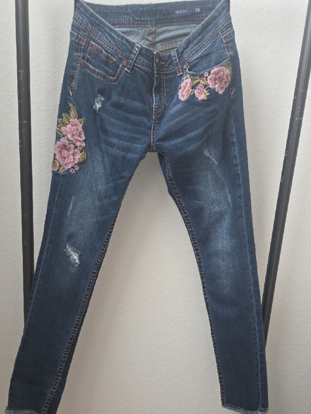 Grace in LA Dark Blue Skinny Jeans Pink Floral Embroidery Distressed Style - Picture 8 of 13